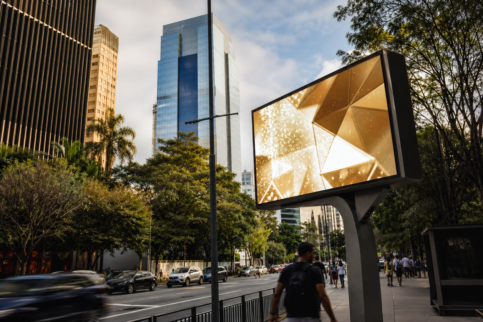 Painel digital de mídia exterior em avenida urbana com circulação de pessoas e veículos
